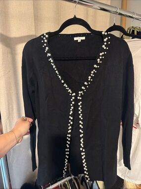 Pearl-Trim Black Open Cardigan